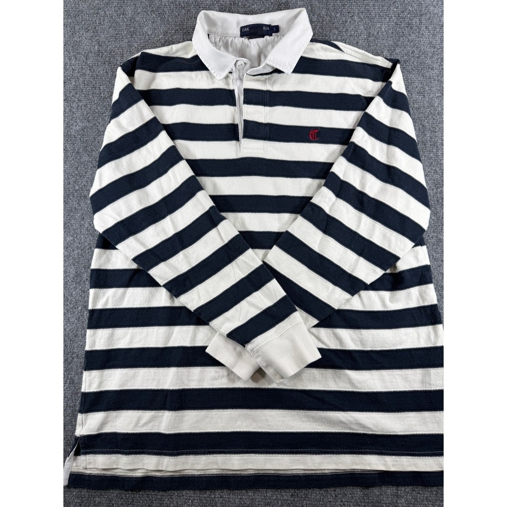 Daniel Cremieux Rugby Shirt Mens L Navy White y2k Striped Cotton Long Sleeve